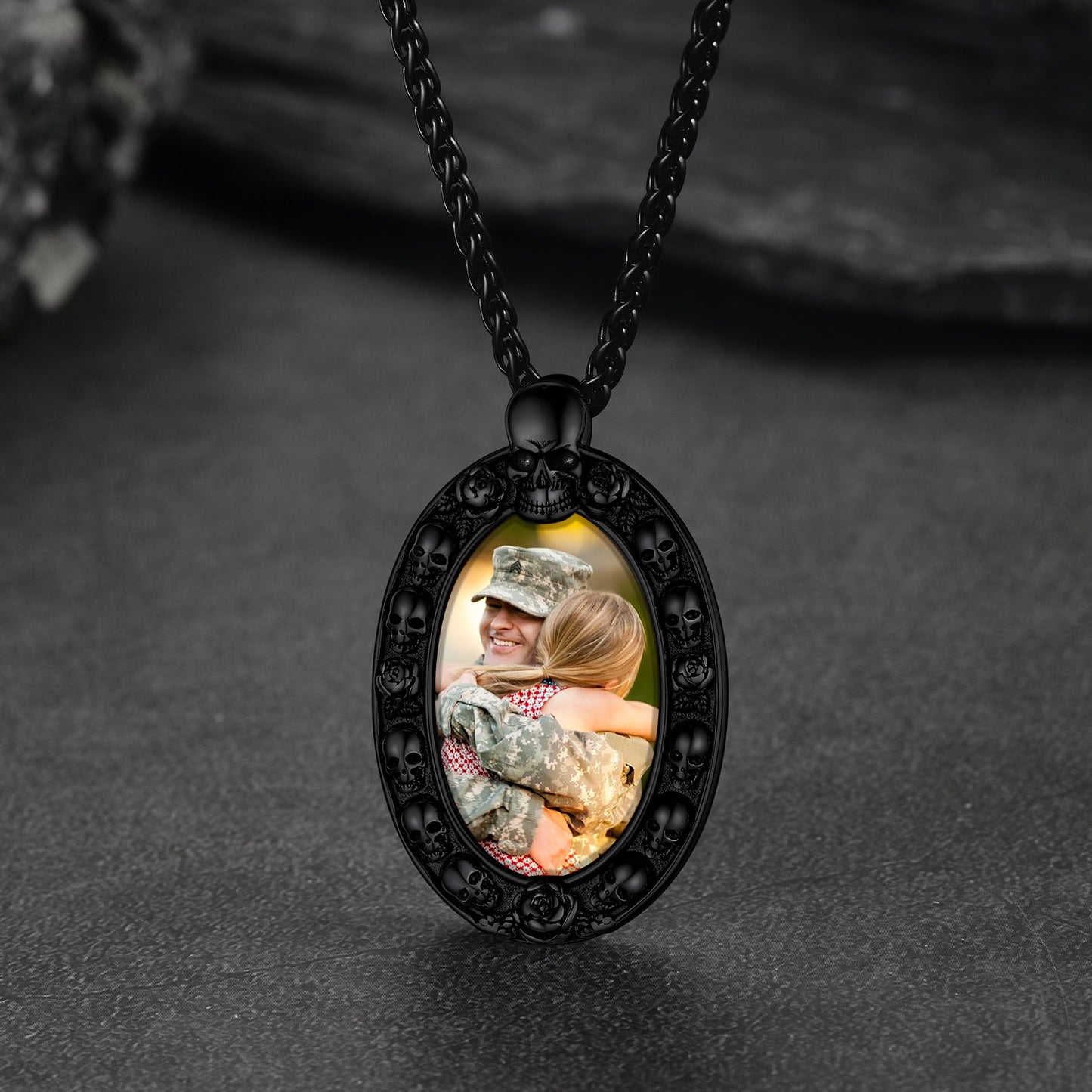 Personalized photo pendant necklace with skull, custom photo jewelry