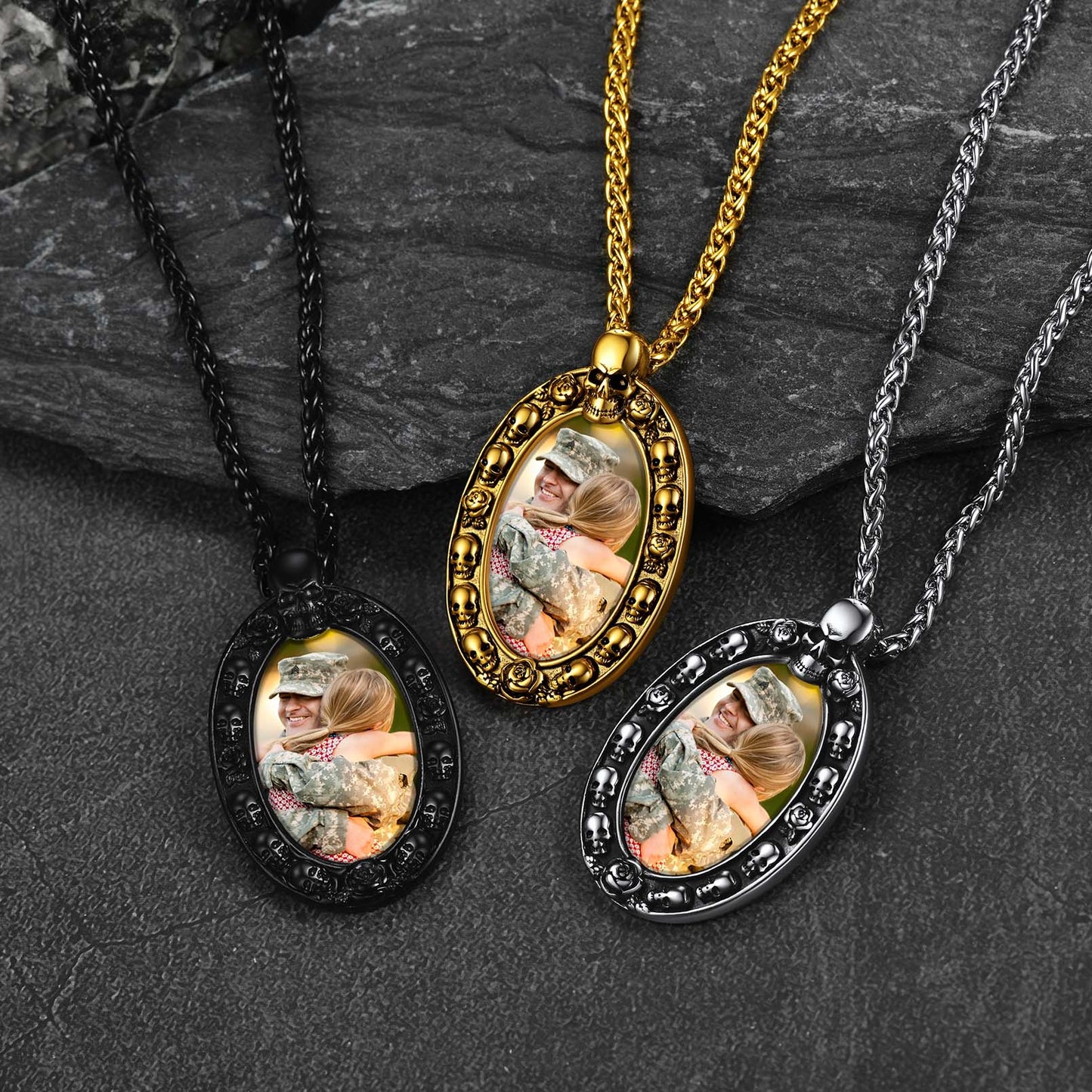 Personalized Photo Pendant Necklace with Skull Frame