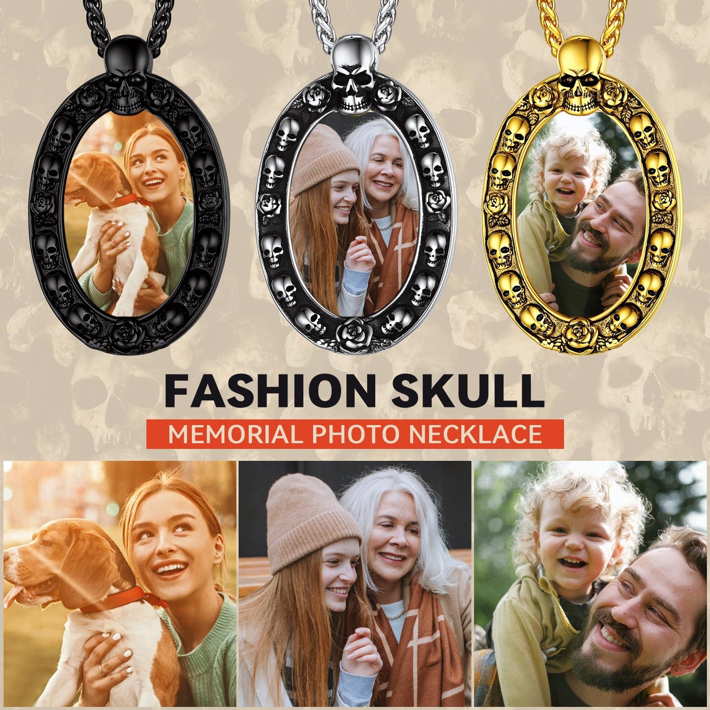 Personalized Skull Photo Pendant Necklace, Unique Memorial Jewelry