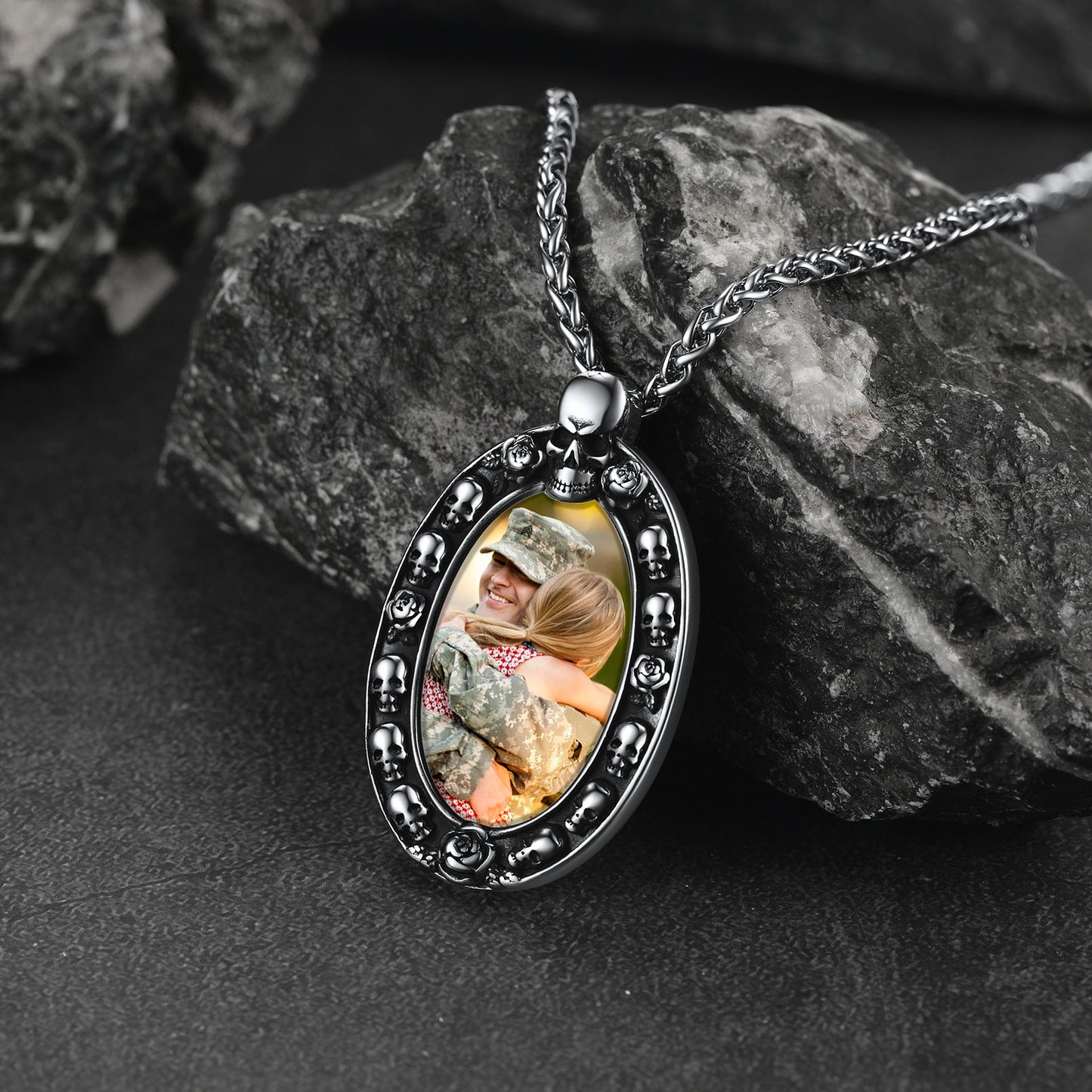 Oval photo pendant necklace with skull design