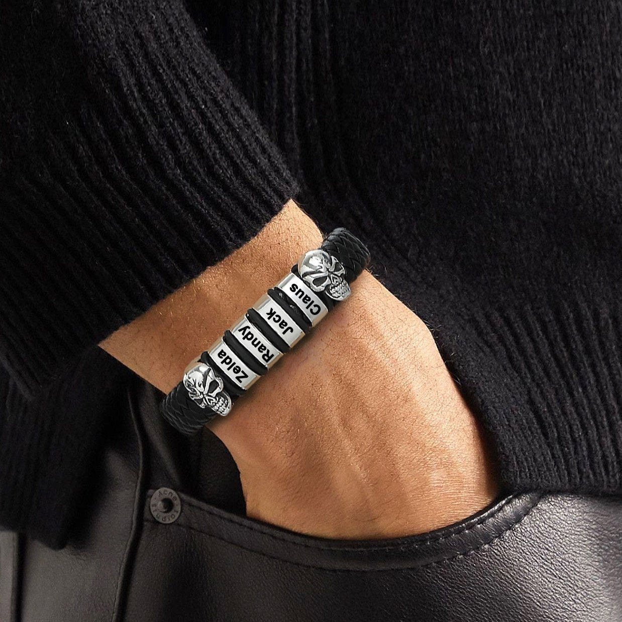 Personalized Black Name Beads Leather Bracelet with Skull
