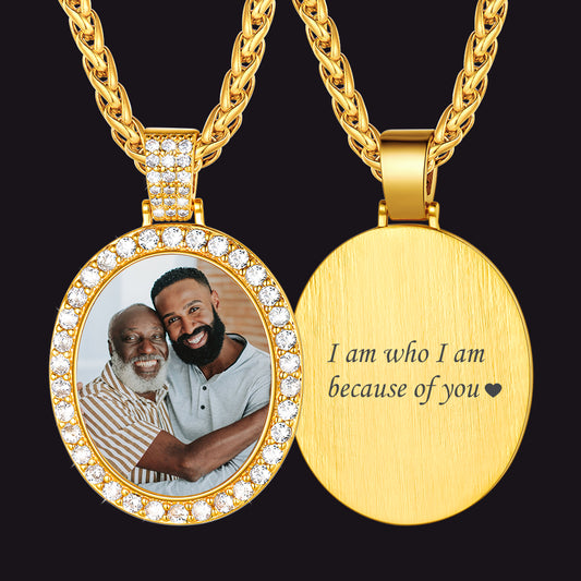 Custom photo necklace for men, gold oval pendant with photo and engravingimg