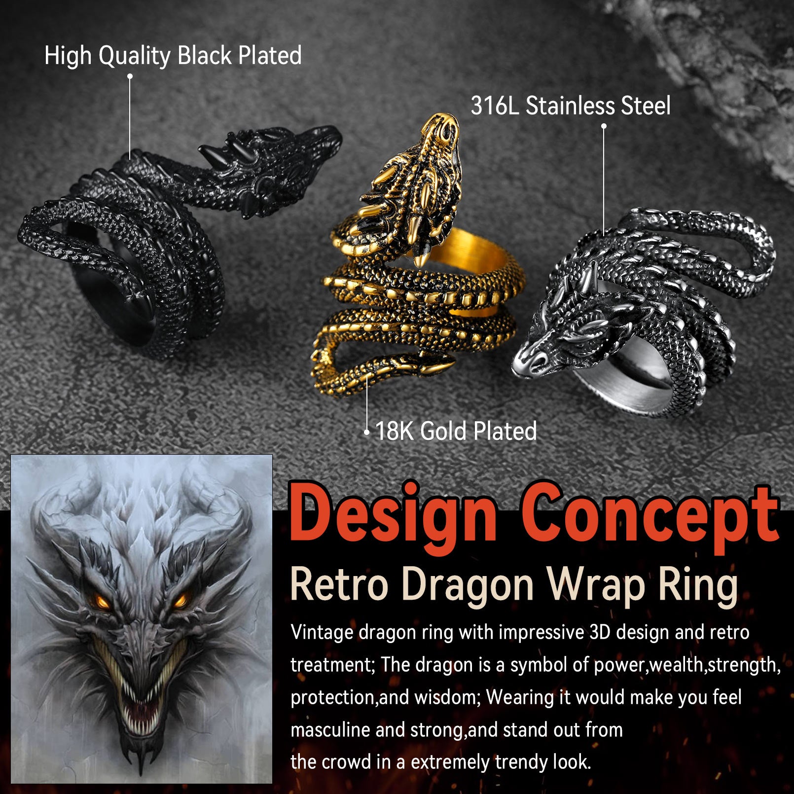 Punk Dragon Wrap Ring for Men - Stainless Steel