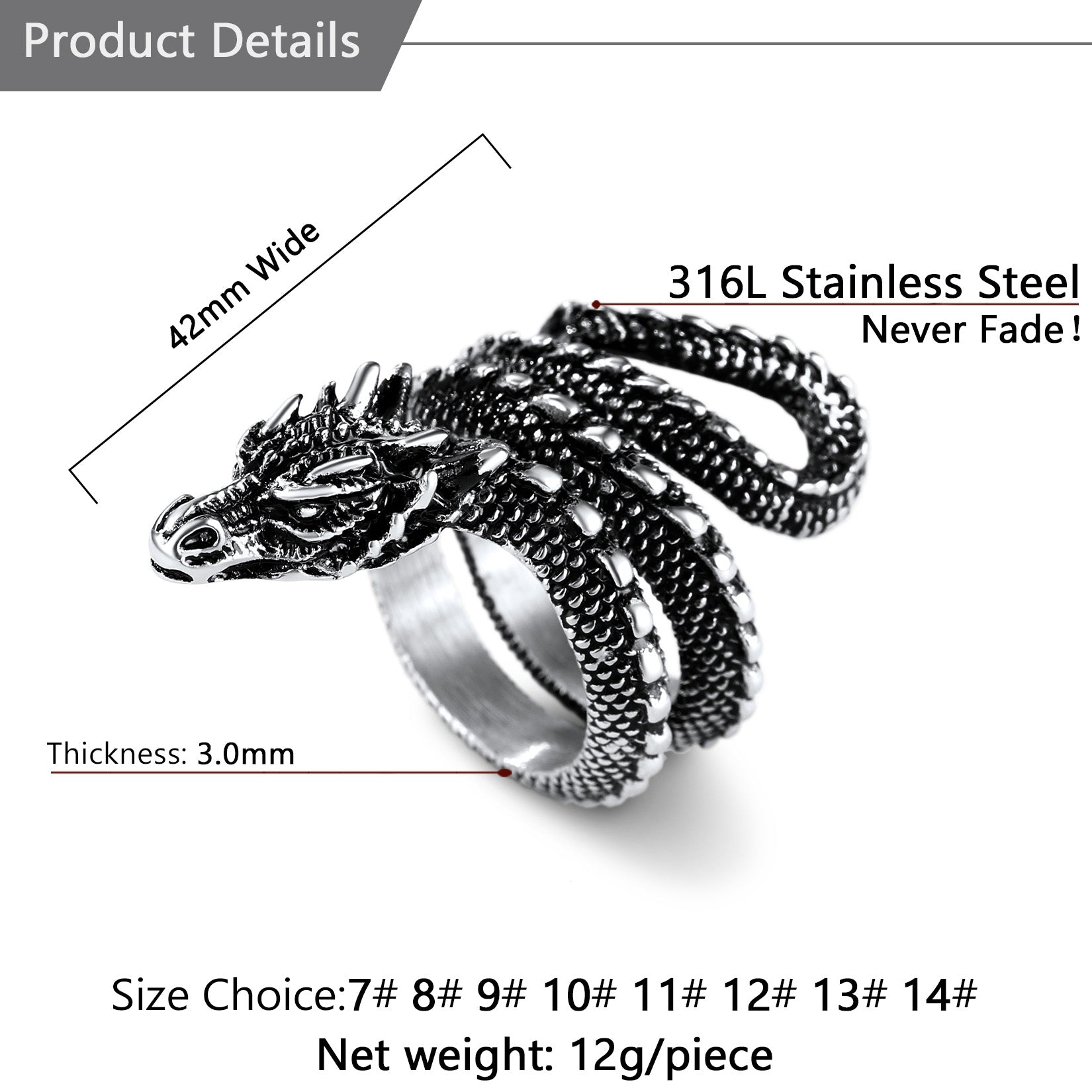 Stainless Steel Punk Dragon Ring - Product Details