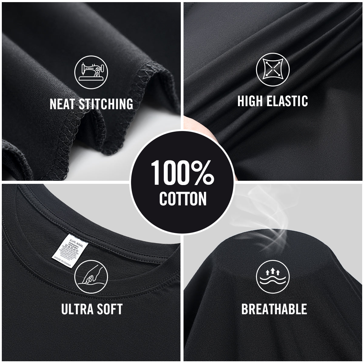Black t-shirt with text labels highlighting features like neat stitching, high elasticity, 100% cotton, ultra soft, and breathable.