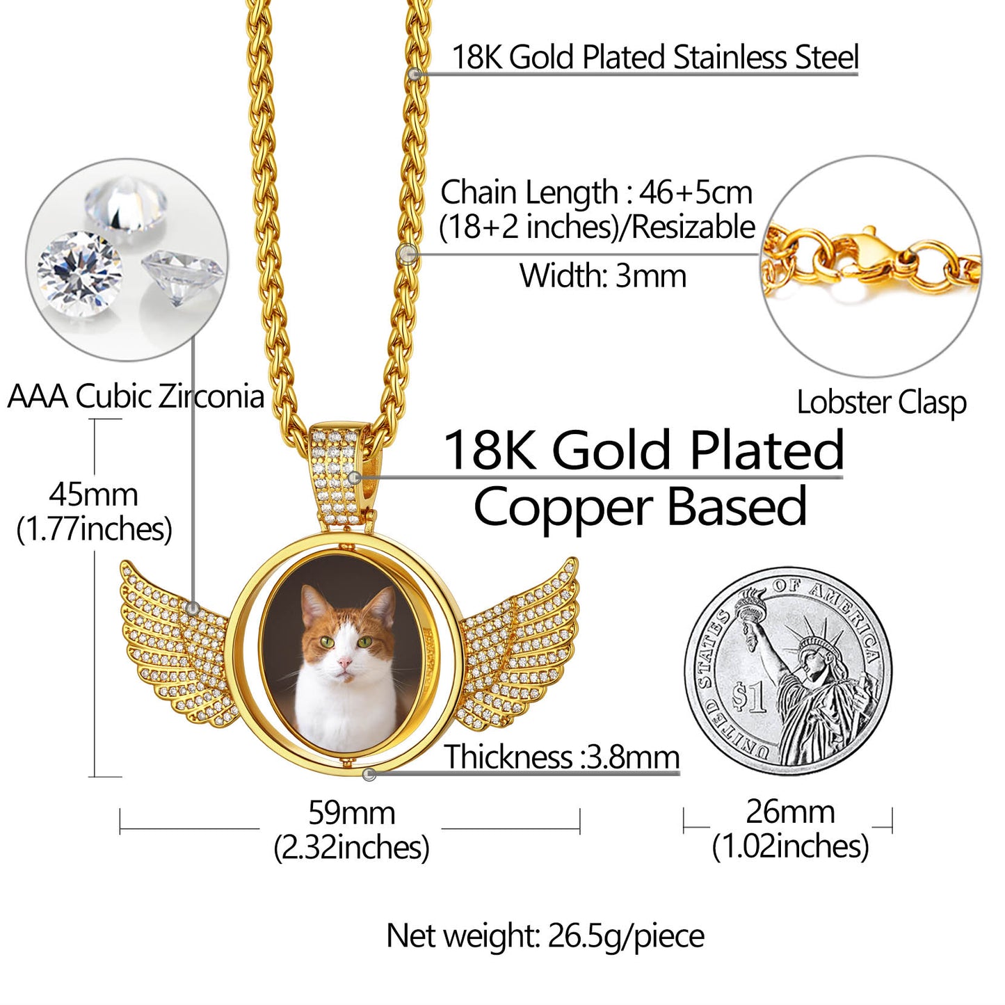 Gold Cat Photo Necklace with Angel Wings