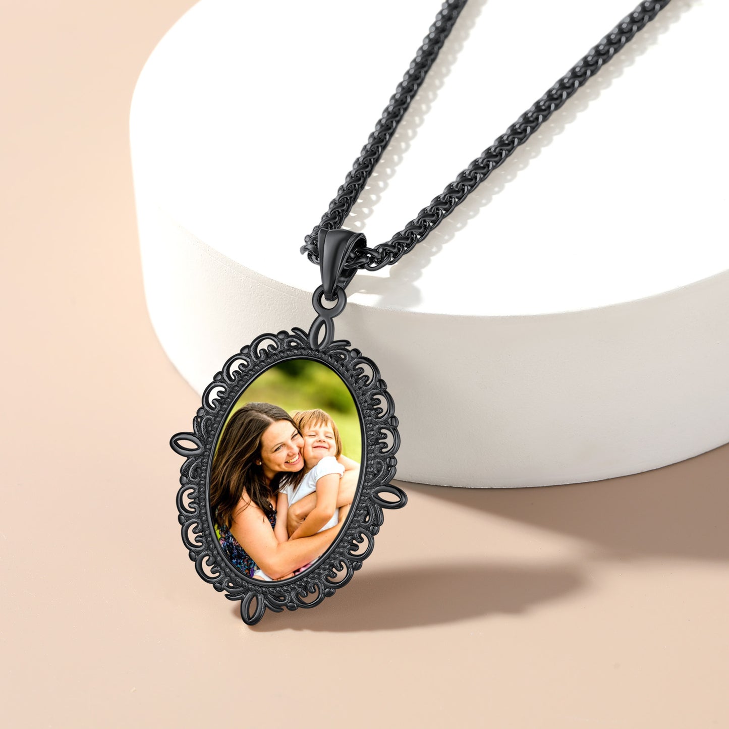 Black Personalized Photo Necklace with a Family Photo