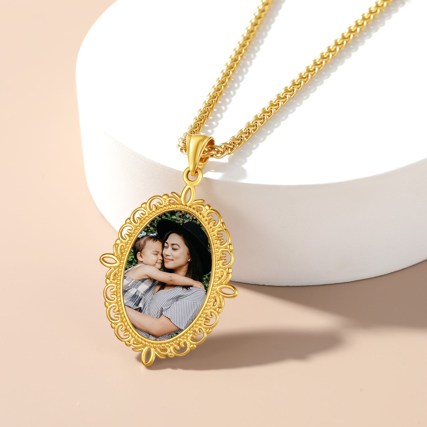 Gold personalized photo necklace with family picture