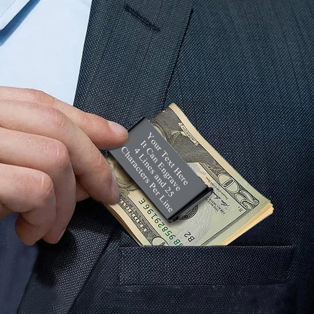 Customized Sleek Minimalist Money Clip for Men, engraved with text