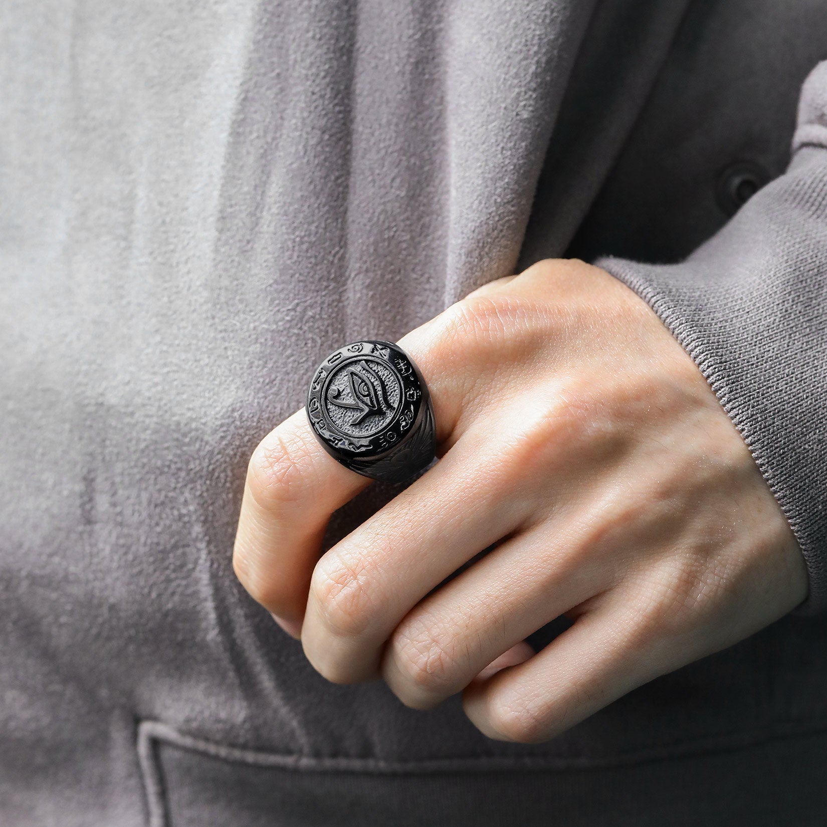 Black Egyptian Horus Eye of Ra Signet Ring for men