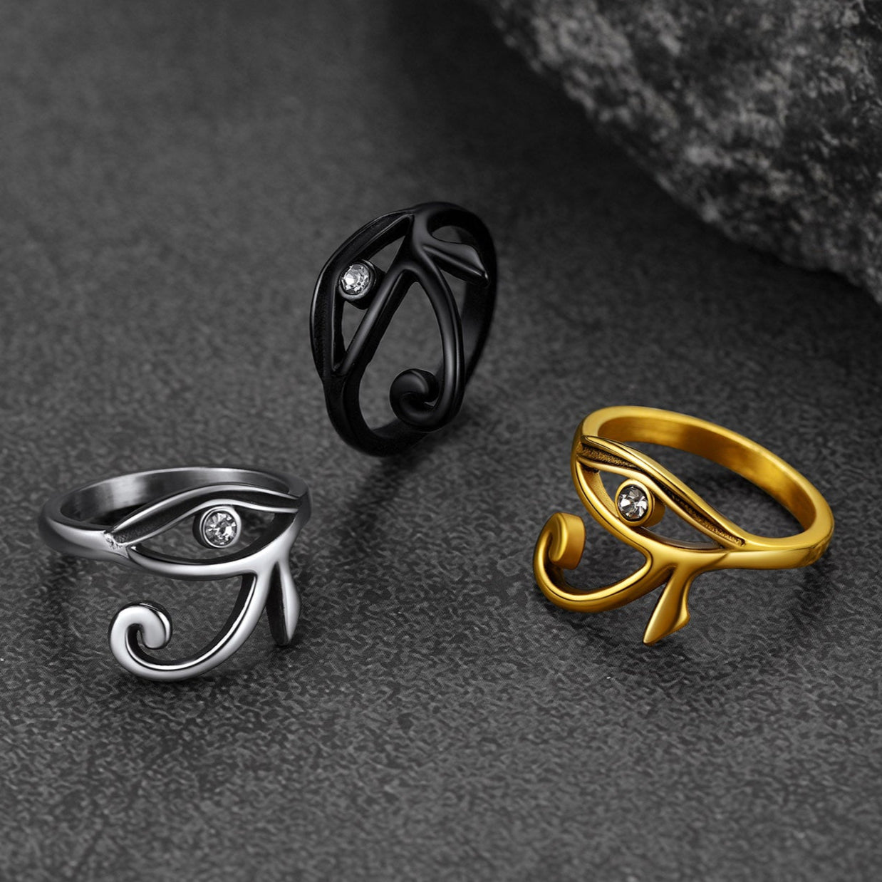 Three Eye of Ra Rings in different colors, Egyptian jewelry