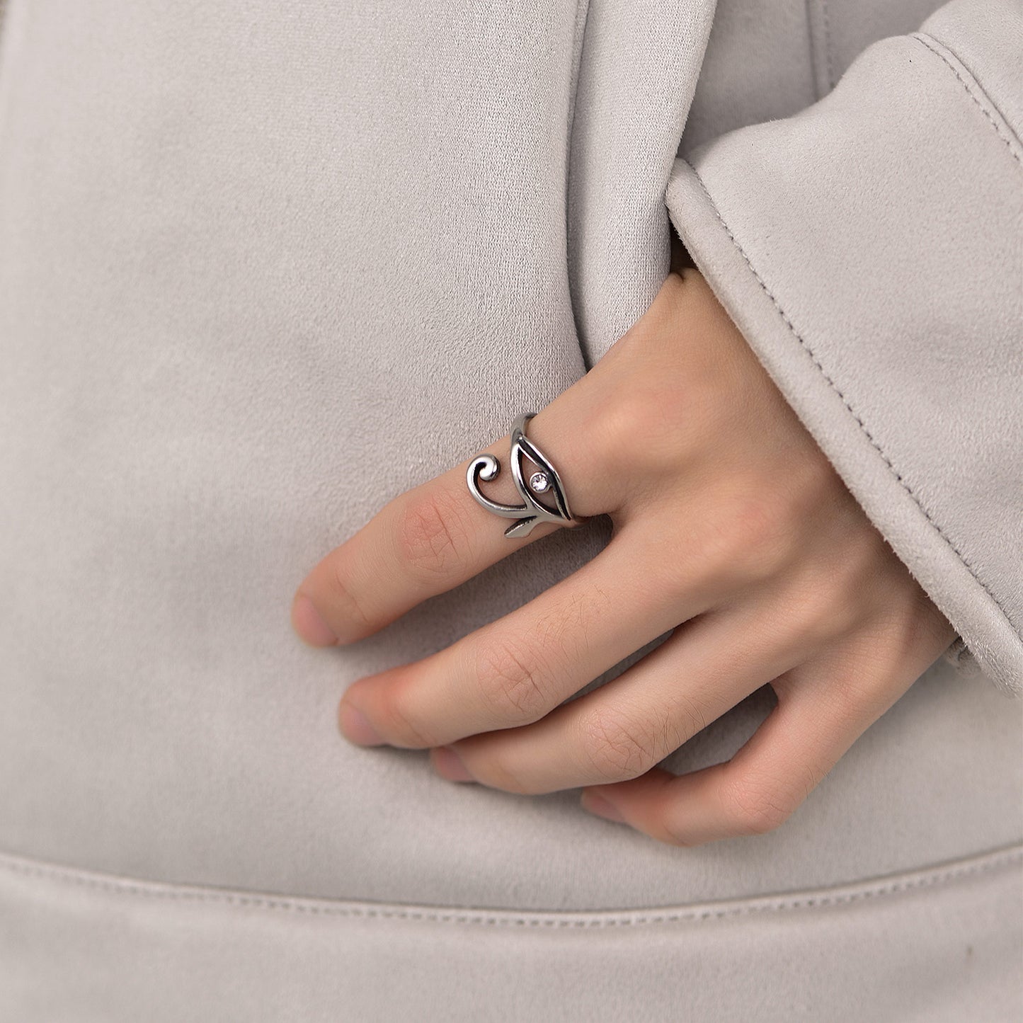 Eye of Ra ring on a finger, Egyptian jewelry for men and women