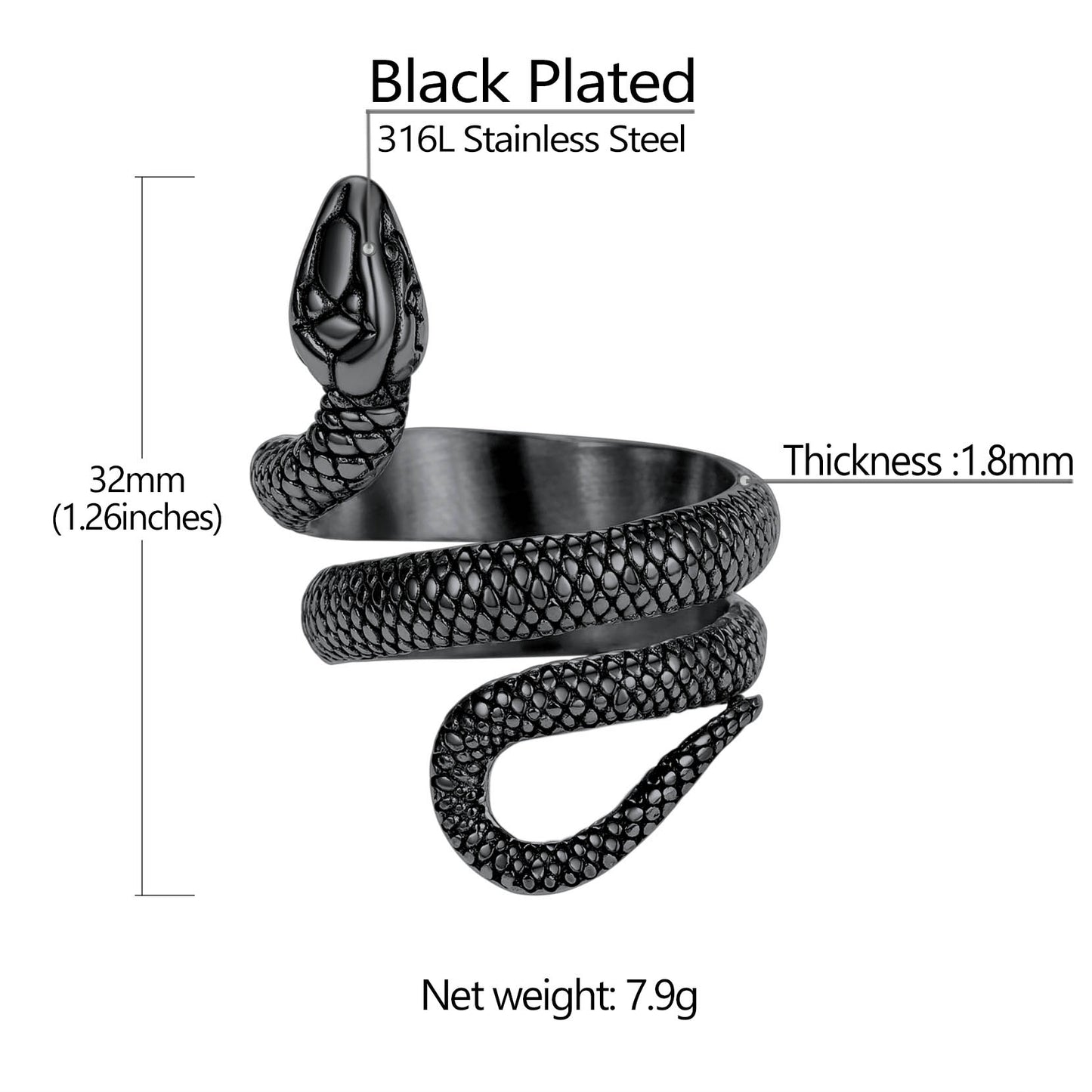 Black snake ring made of stainless steel for men and women