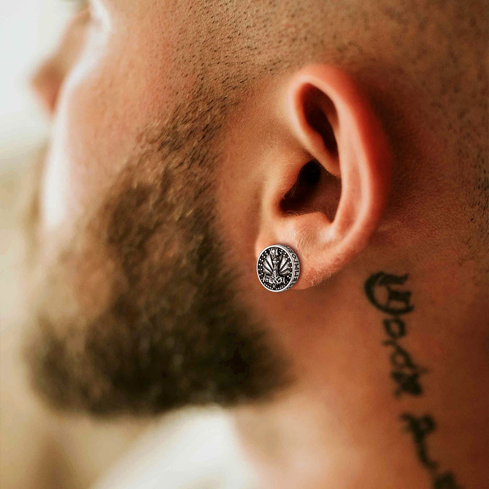 Viking Thor's Hammer Stud Earring in Sterling Silver, close up