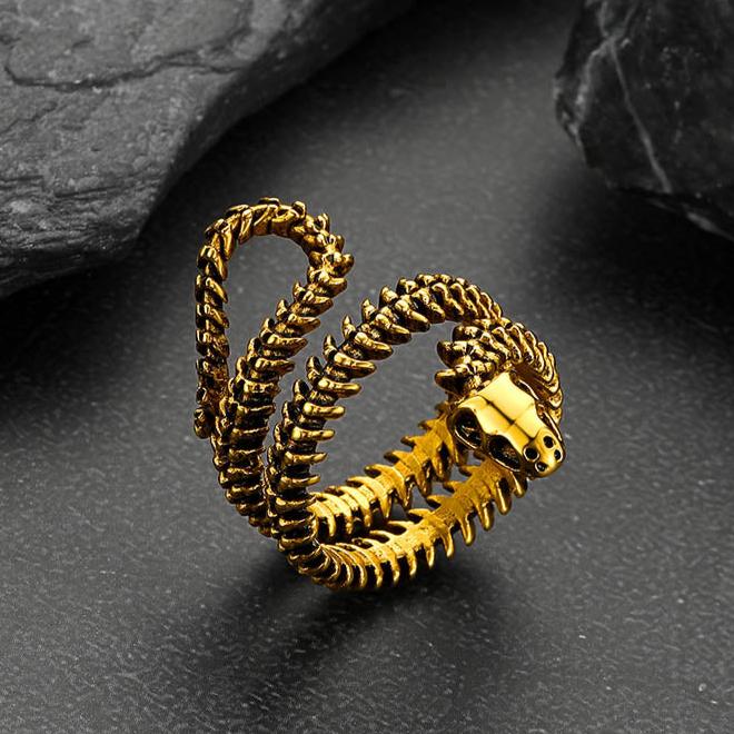 Gothic gold snake skull bone ring for men and women