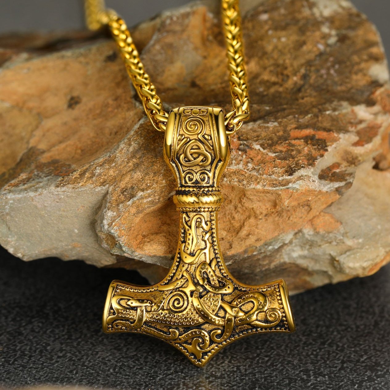 Gold Thor's Hammer Mjolnir Pendant Necklace, Viking Jewelry
