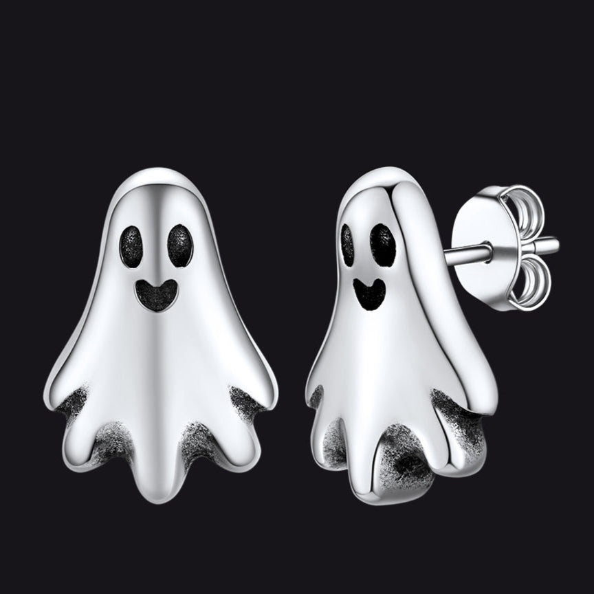 Stainless Steel Ghost-shaped silver earrings on a black background