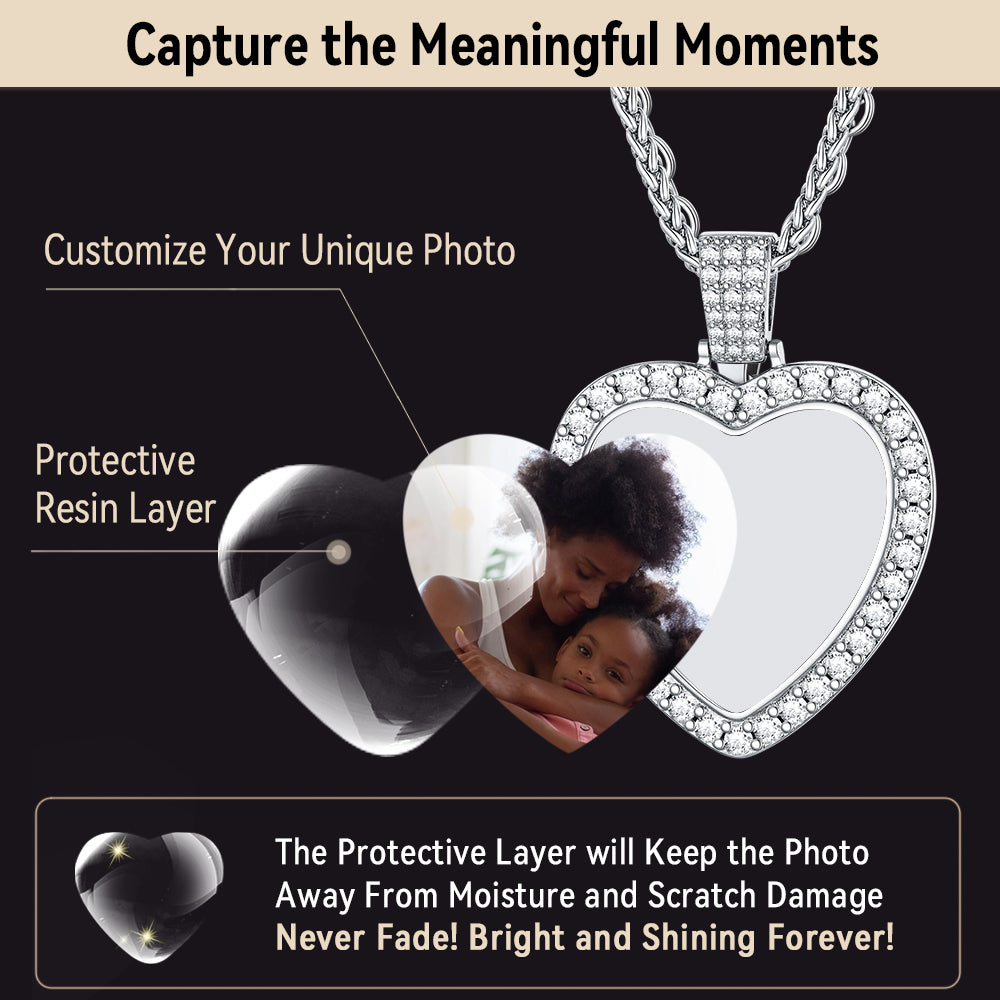 Custom photo heart pendant necklace with protective layer