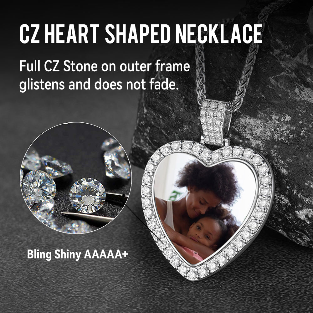 Heart-shaped photo pendant necklace with cubic zirconia, bling design.