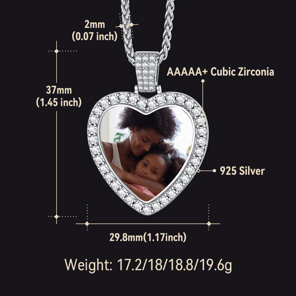 Sterling silver heart photo necklace with cubic zirconia, dimensions and weight.