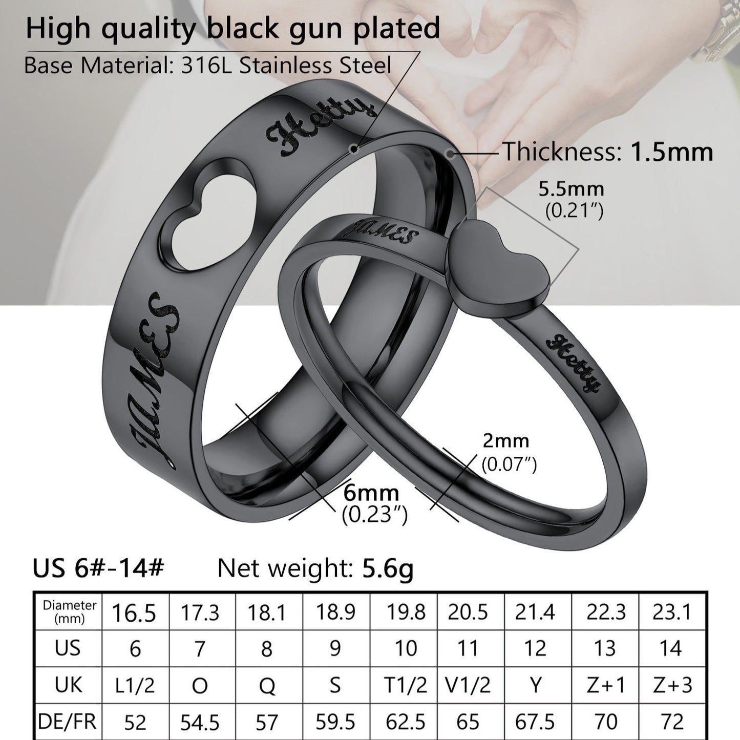 Black stainless steel couple rings with engraved names and size chart