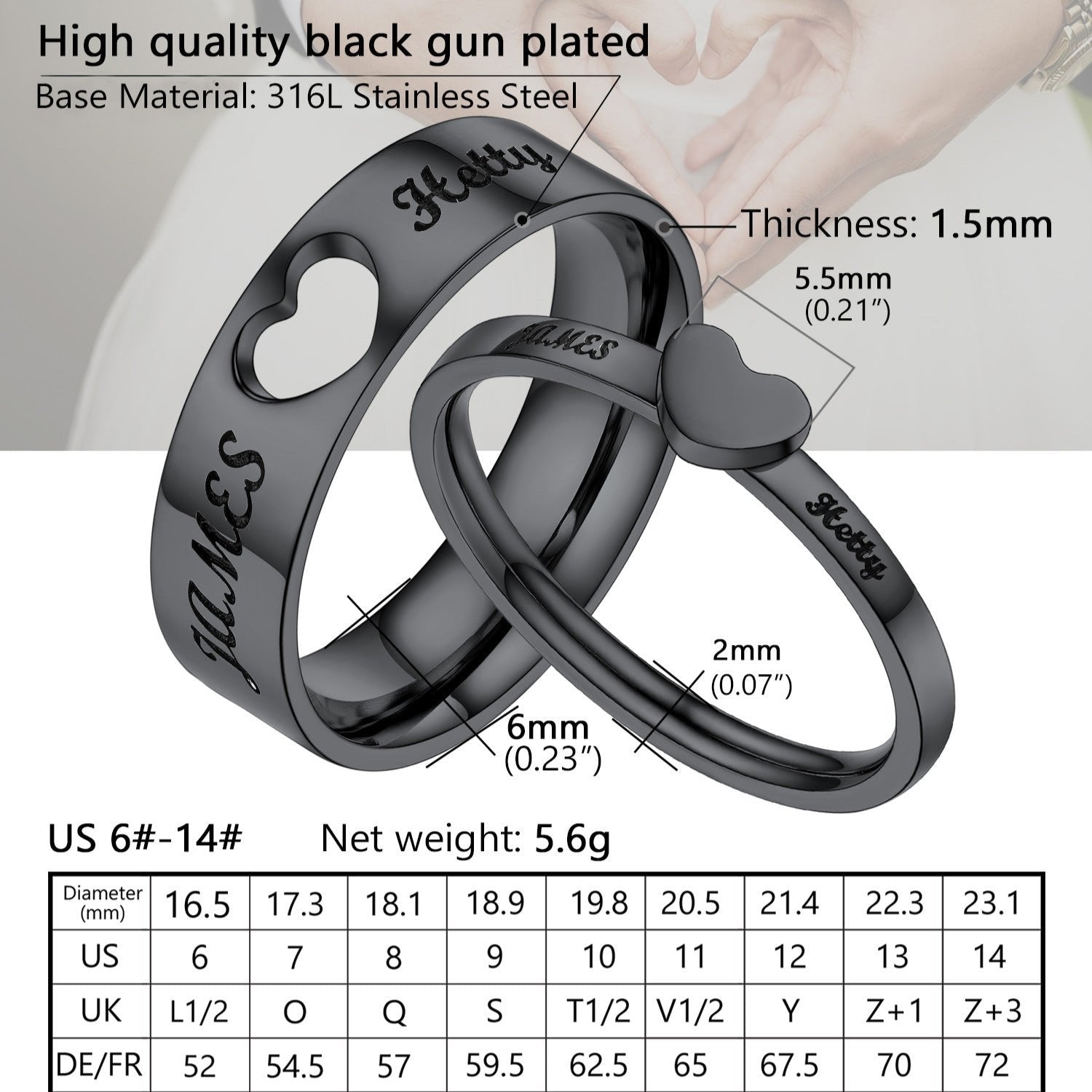 Black stainless steel couple rings with engraved names and size chart