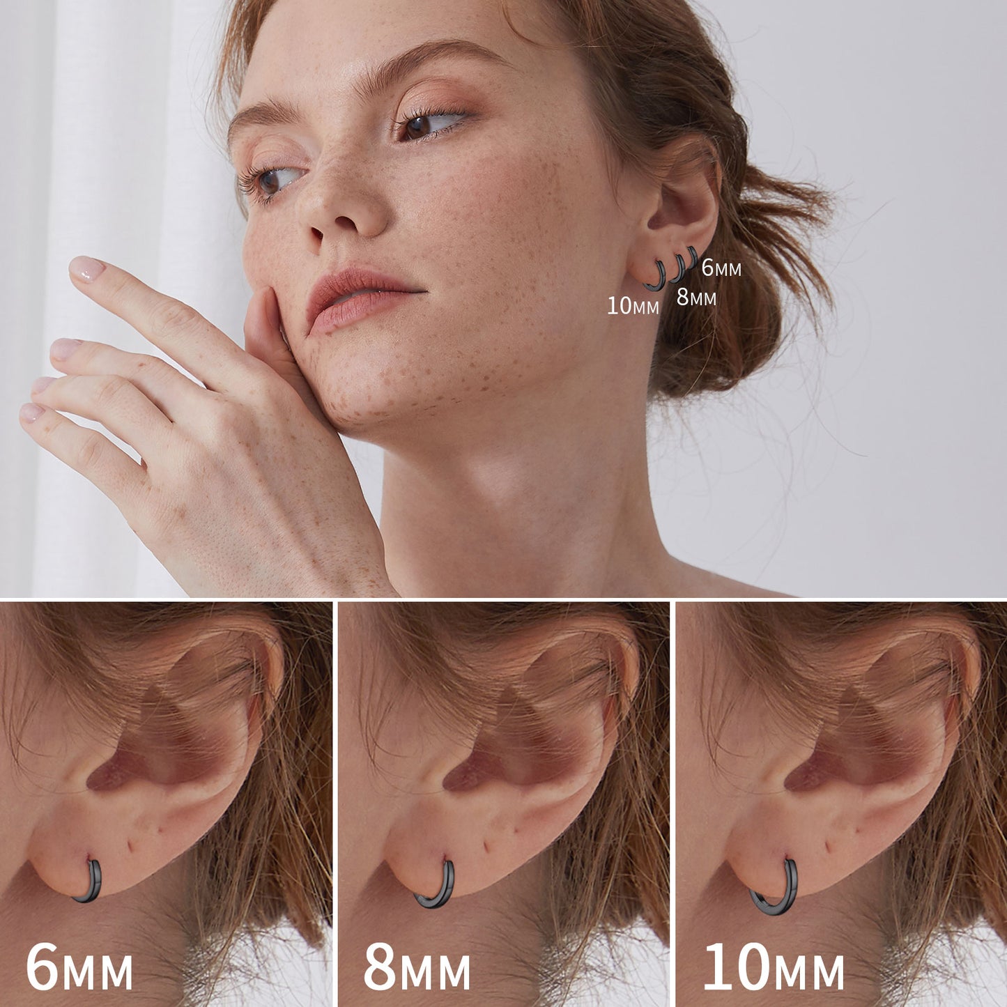Black huggie hoop earrings for men and women. 6mm, 8mm, 10mm silver hoop earrings.