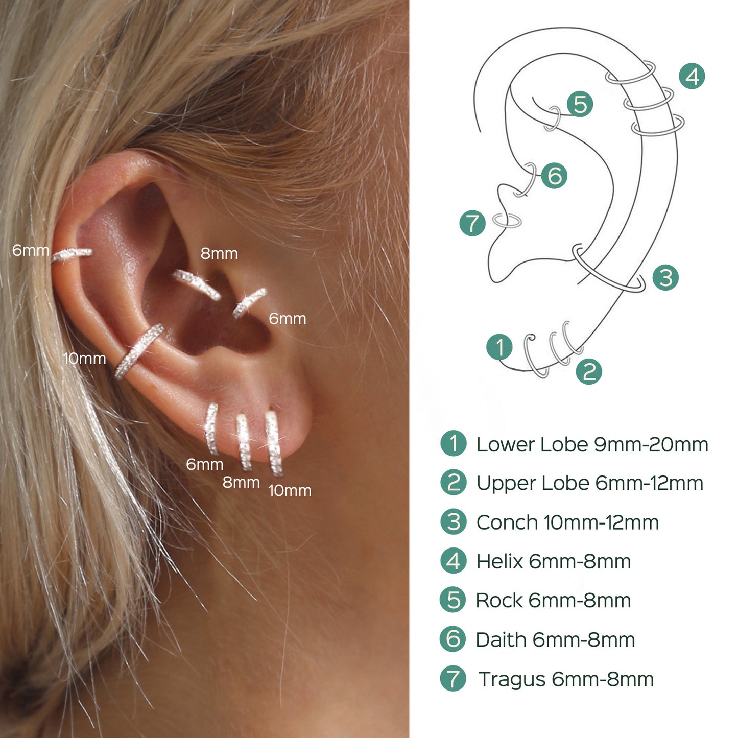 Earrings placement guide with multiple huggie hoops, including 6mm, 8mm, and 10mm sizes