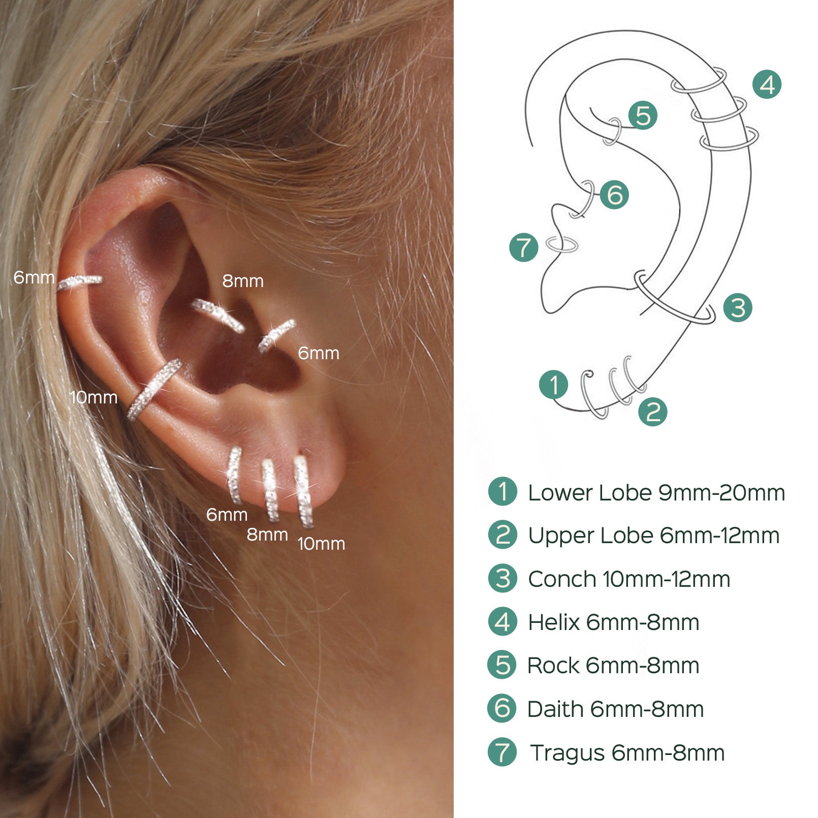 Earrings placement guide with multiple huggie hoops, including 6mm, 8mm, and 10mm sizes