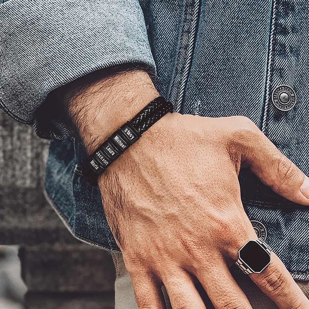 Men's personalized leather bracelet with engraved names