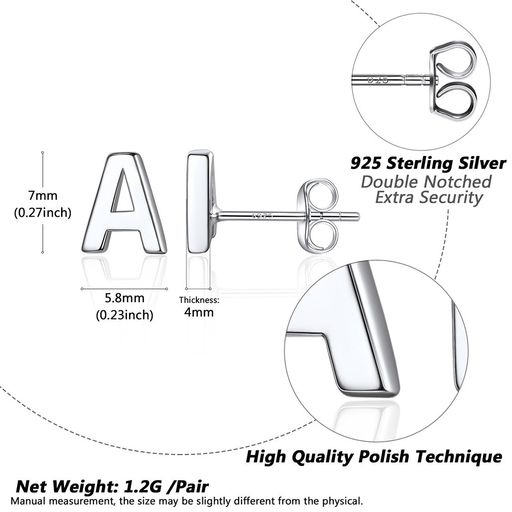 Sterling silver 'A' initial stud earrings with dimension detail