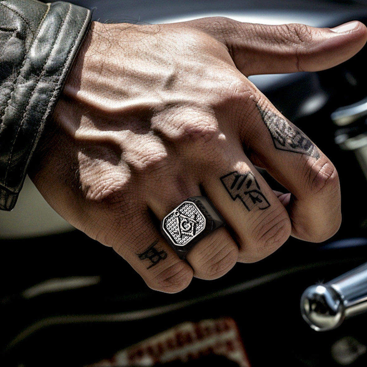 Masonic ring on a man's hand, showcasing the emblem.