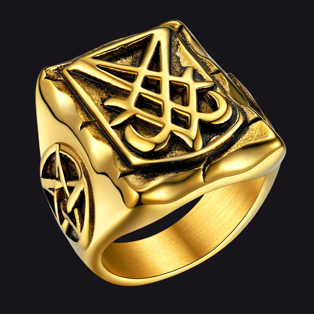 FaithHeart Satanic Lucifer Stainless Steel Signet Ring for Men FaithHeart