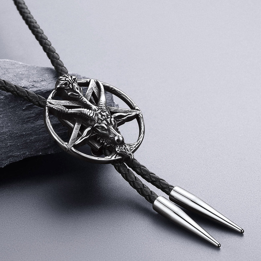 FaithHeart Baphomet Pentagram Genuine Leather Vintage Necktie for Men FaithHeart