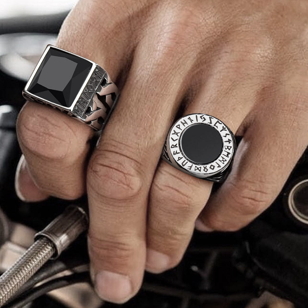 FaithHeart Black Onyx Signet Ring with Viking Runes for Men FaithHeart