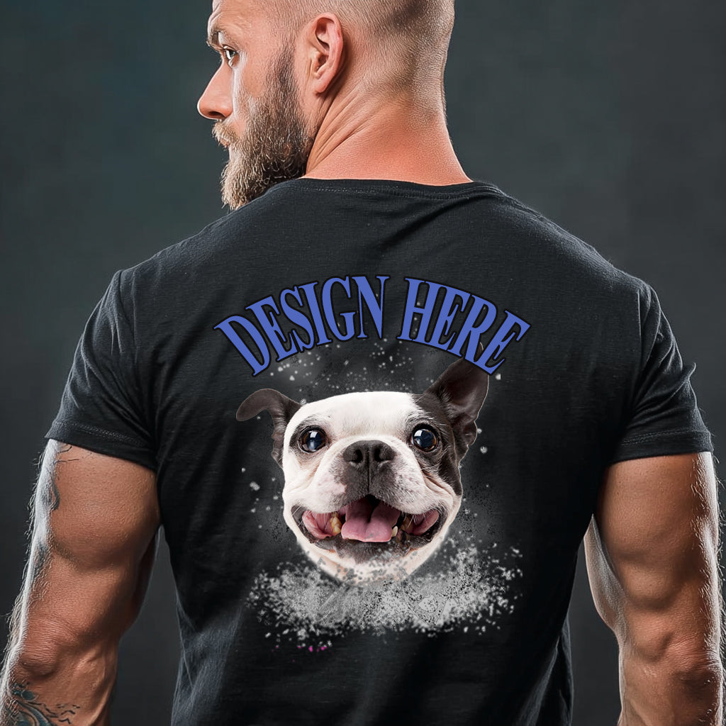 Man wearing a black t-shirt with a dog graphic and 'Design Here' text on the back against a dark background