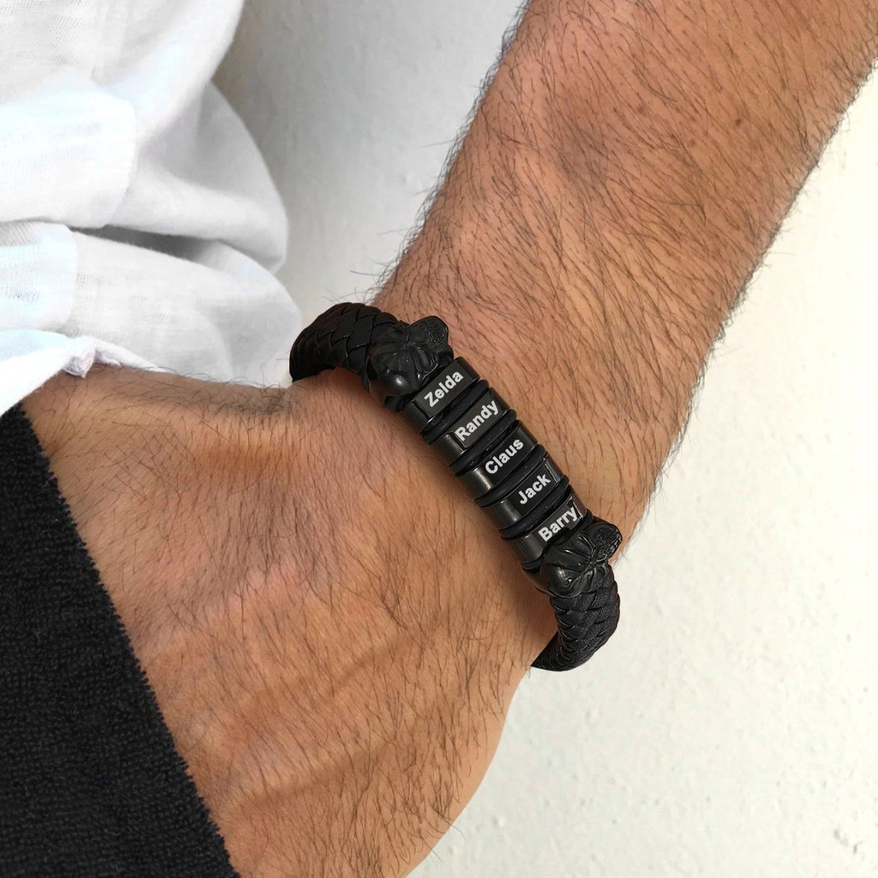 Black Leather Bracelet with Engraved Family Names