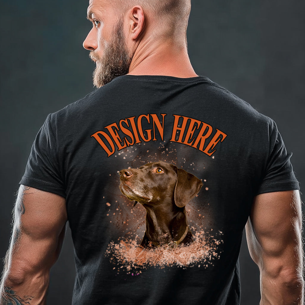 Man wearing a black t-shirt with a dog graphic and 'Design Here' text on the back against a dark background