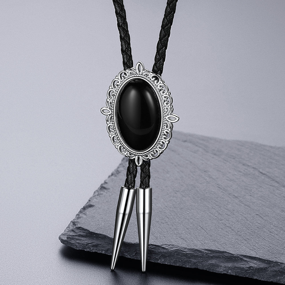 FaithHeart Oval Black Onyx Genuine Leather Vintage Neckties for Men FaithHeart