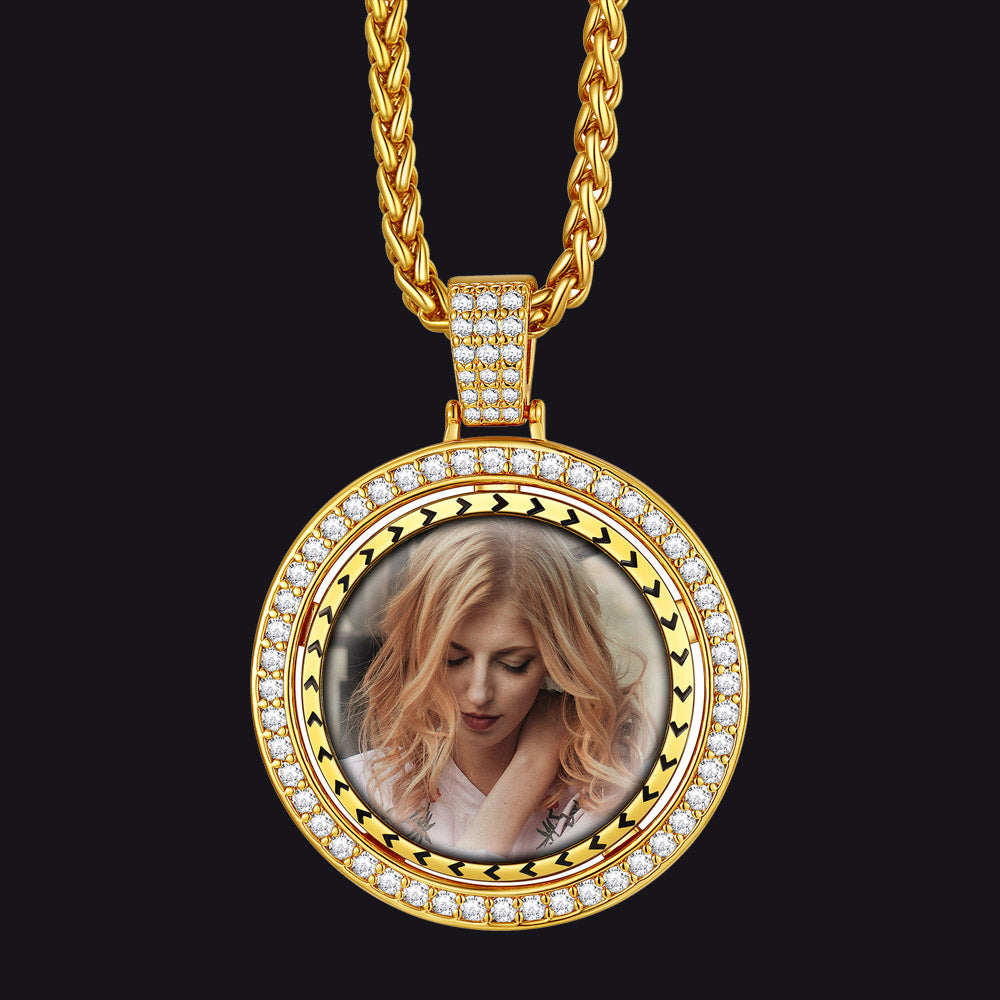 Customizable Gold Zirconia Round Medal Photo Necklaces FaithHeart