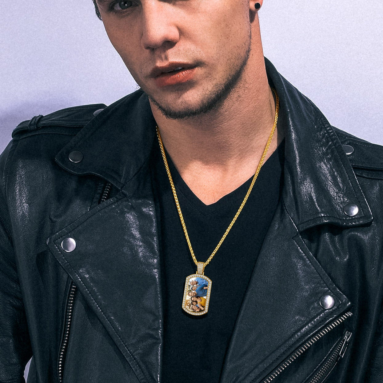 Man wearing custom picture dog tag necklace with zirconia