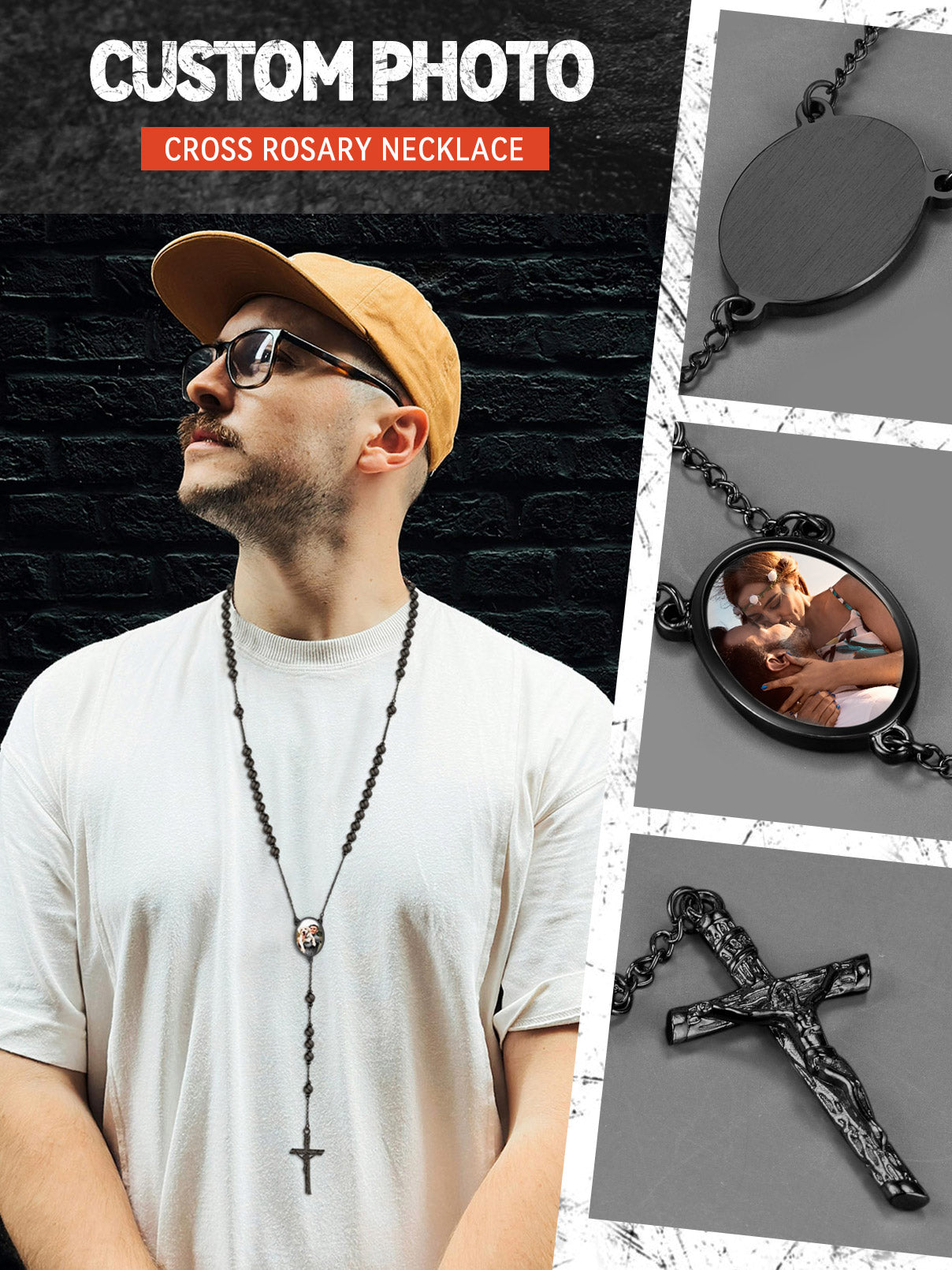 Custom Photo Cross Rosary Necklace for Men