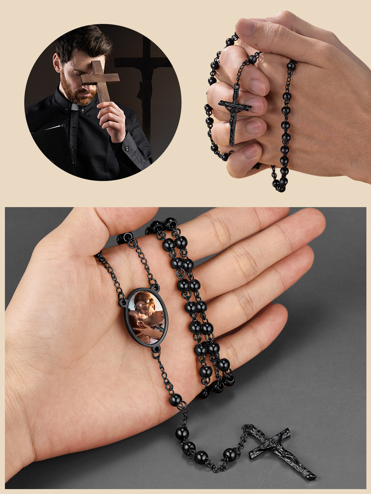Black Rosary Beads Cross Necklace with Photo Pendant