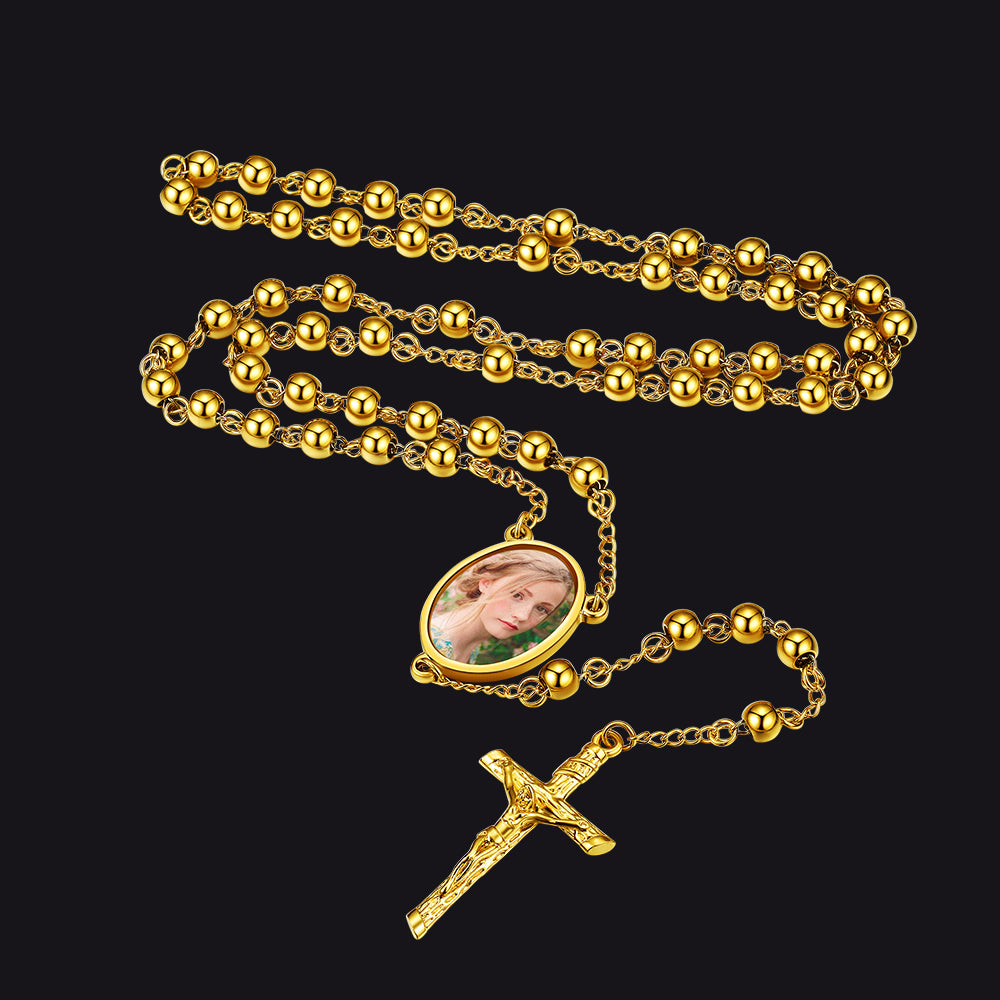 Customized Rosary Beads Cross Necklace with Picture for Women Men