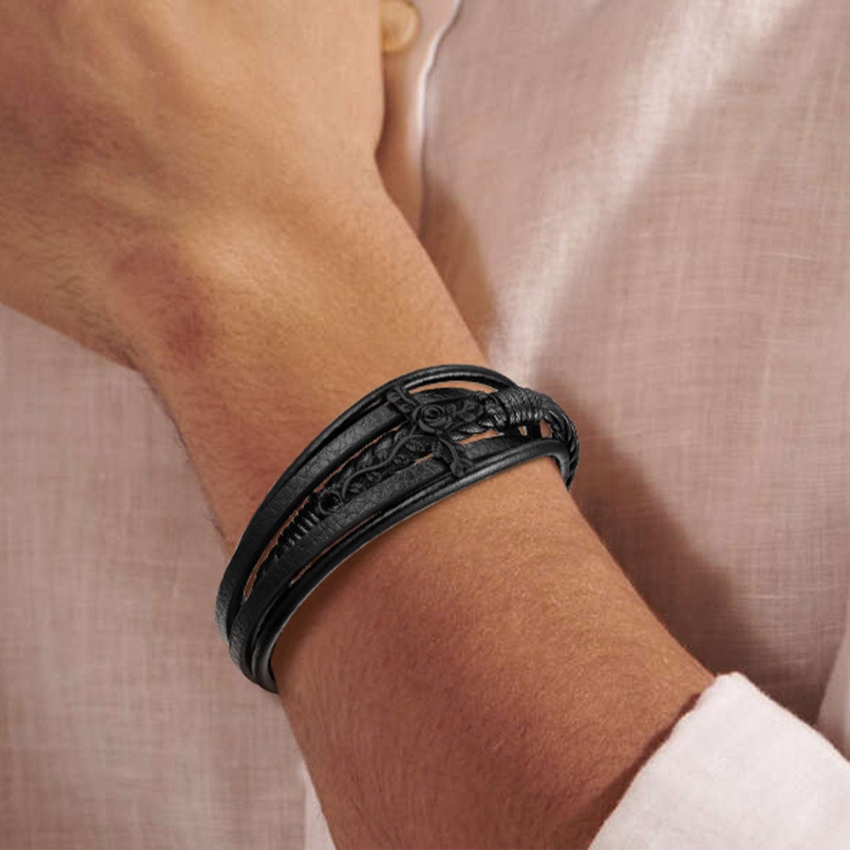 Black Rose Cross Braided Leather Bracelet for Men