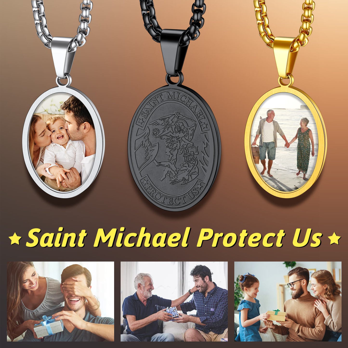 Saint Michael Photo Necklace for Men Women, Protect Us Religious Jewelry