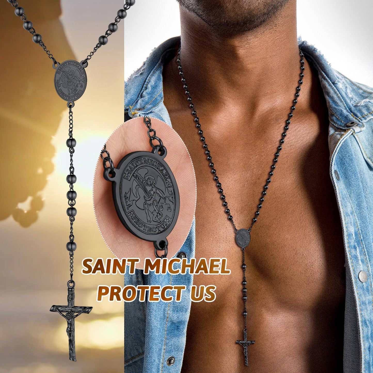 St. Michael Rosary Bead Cross Necklace for Men and Women