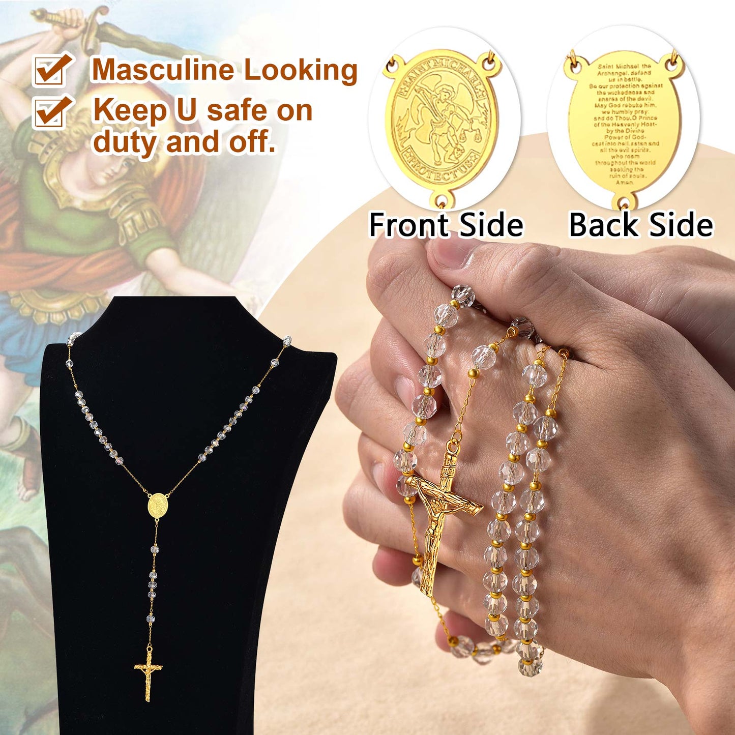 St. Michael necklace with rosary beads, masculine design for protection
