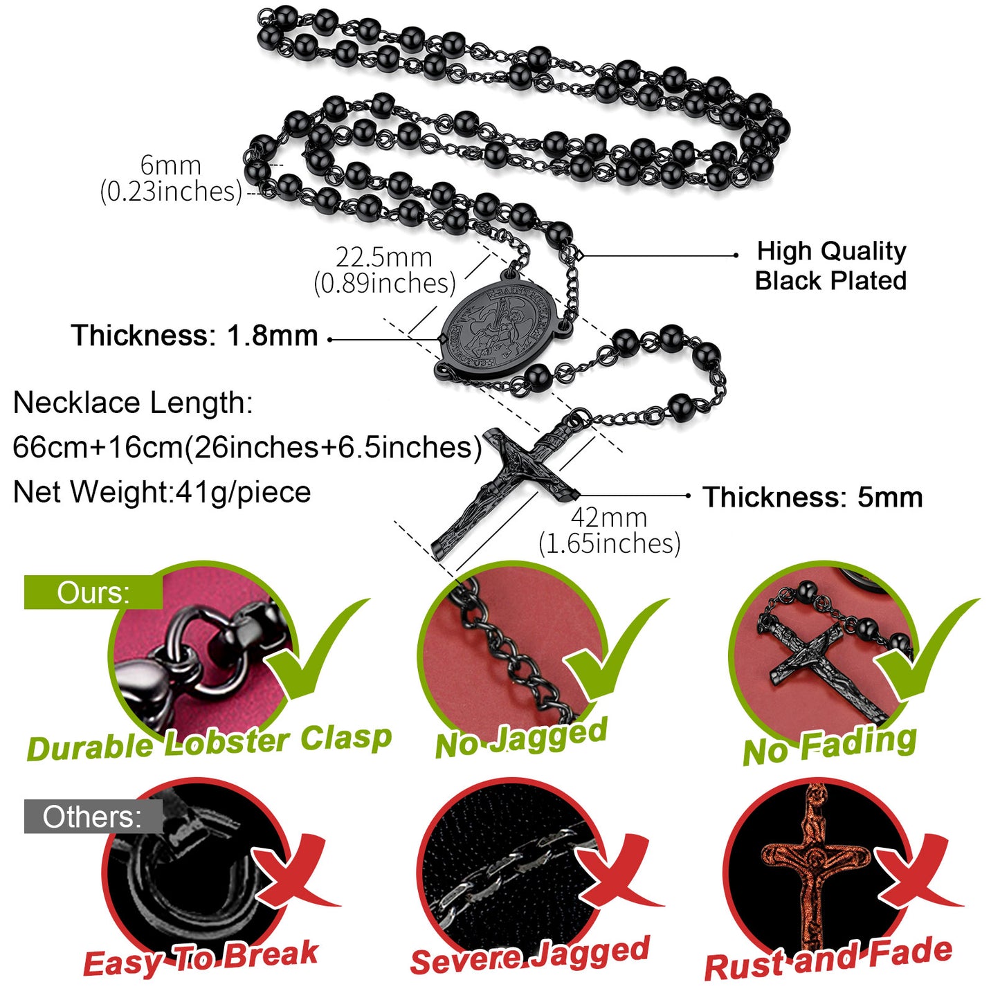 St. Michael Rosary Bead Cross Necklace details - durable, no fading