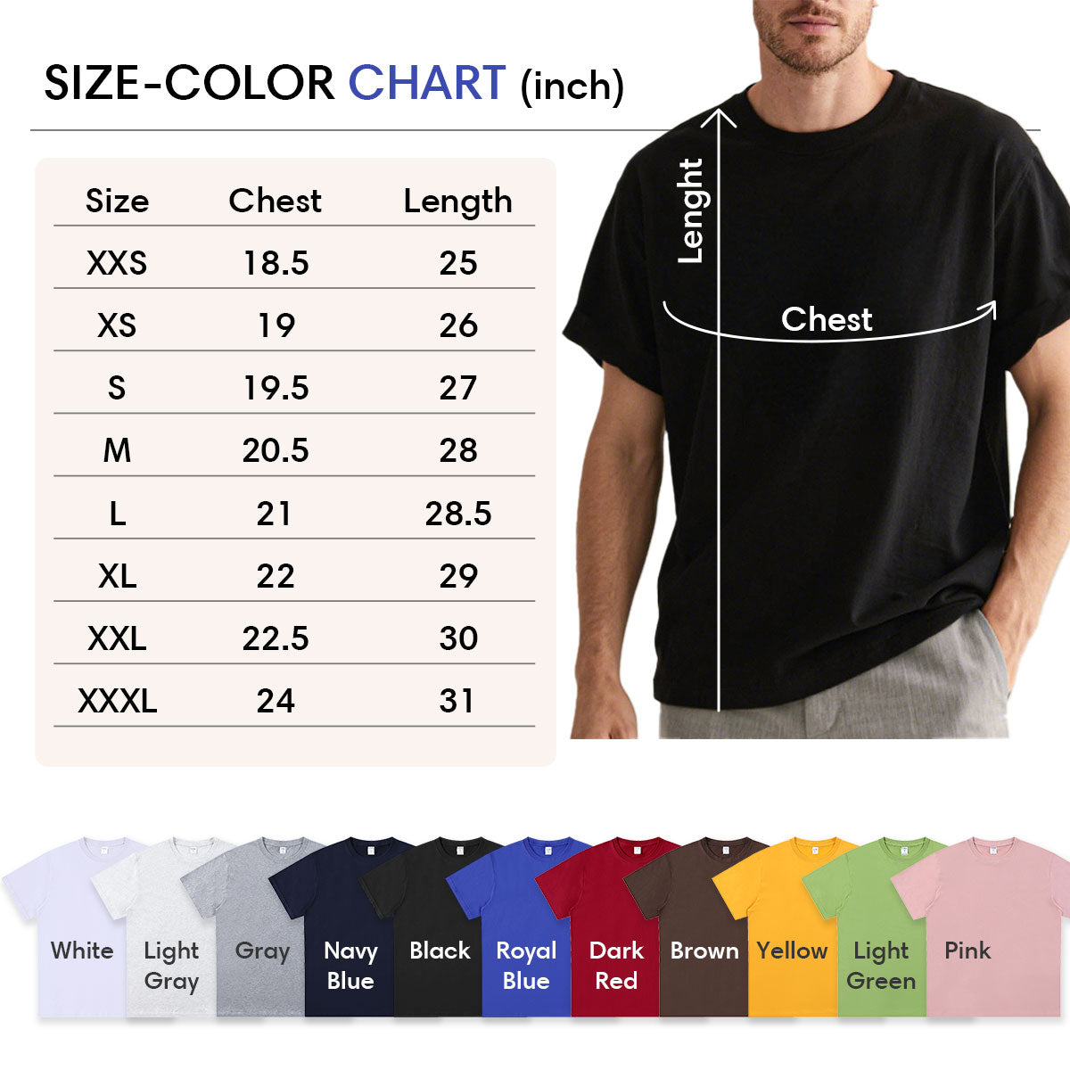 Size-color chart for shirts with a man wearing a black shirt and color swatches below.